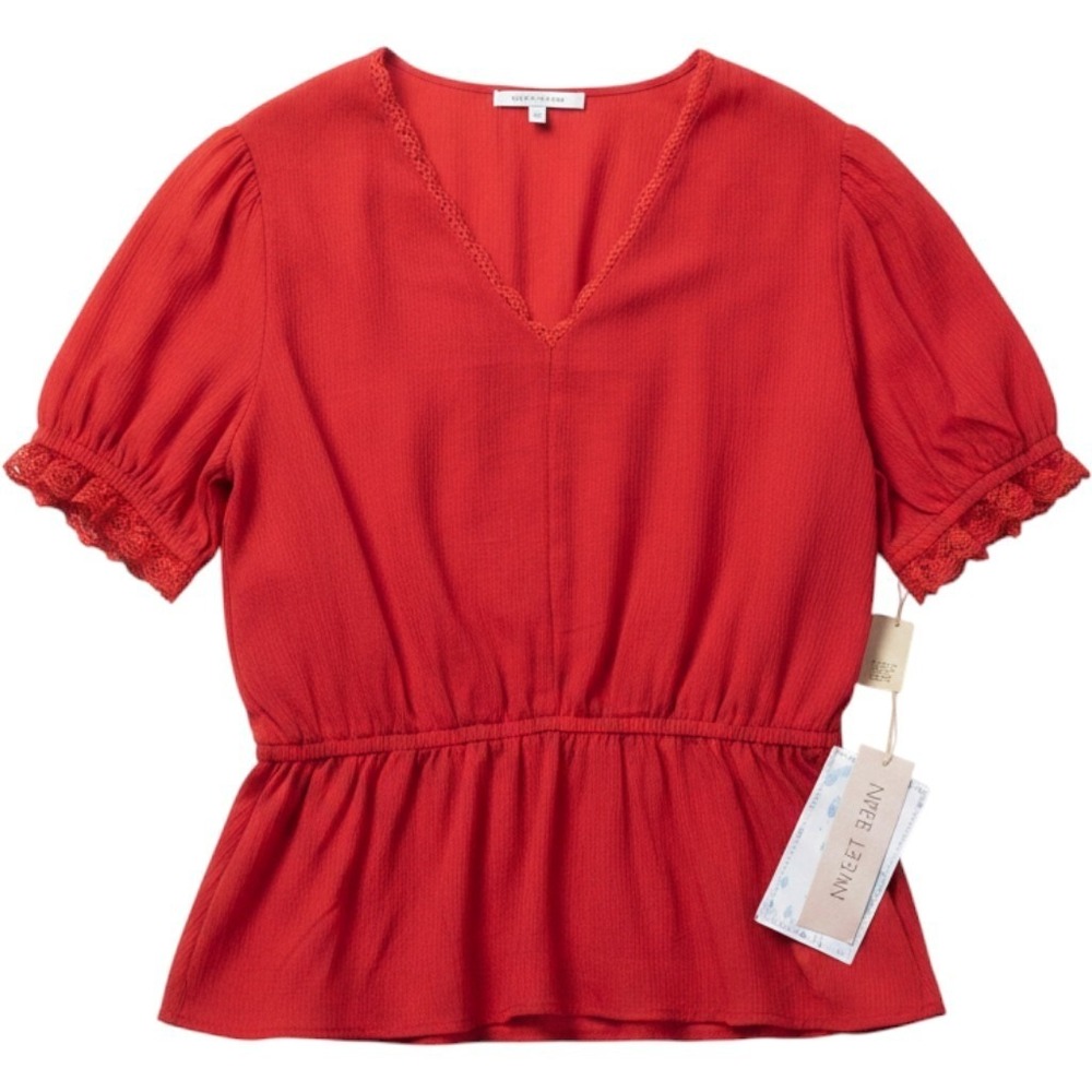 Sweet Rain Red Lace Trim Peplum Blouse V-Neck Puff Sleeve Top TP45867 2XL